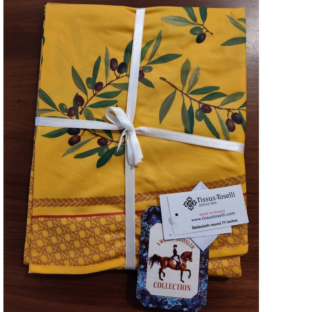 Tissus Toselli French Provence Yellow Olive Round Tablecloth 71 Inch Made France